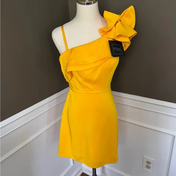 Mac Duggal Ine Shoulder Ruffle Dress in Lemon. Size 0. NWT. - Picture 2 of 7